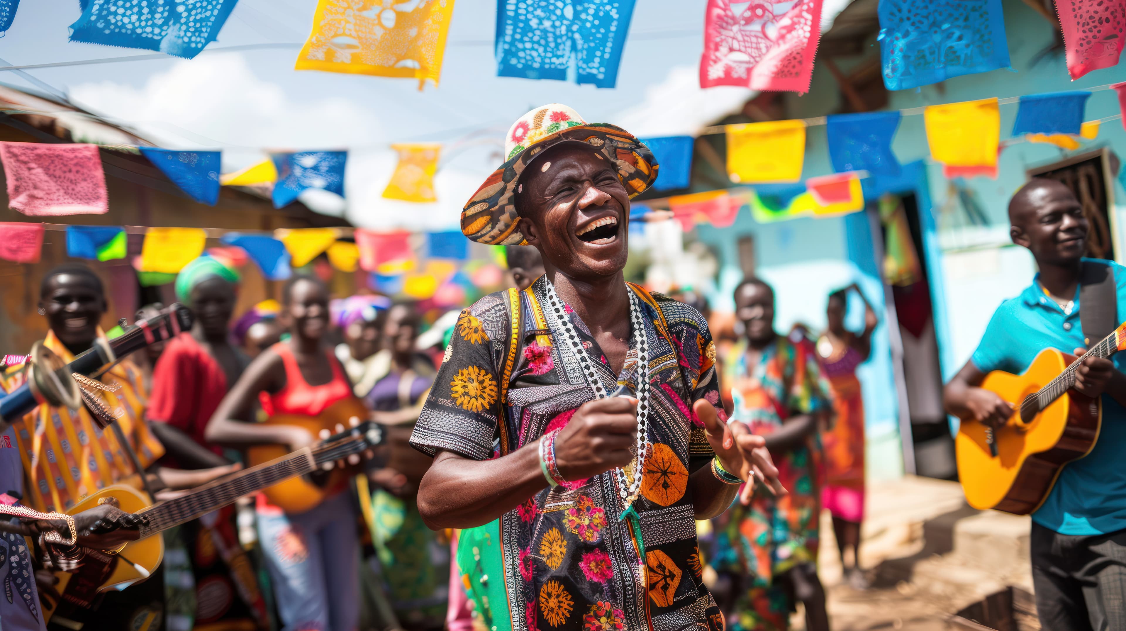 Musicians and dancers performing in a street draped with festival bunting
